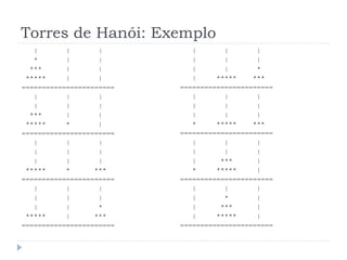 Torres de Hanói: Exemplo
| | |
* | |
*** | |
***** | |
=======================
| | |
| | |
*** | |
***** * |
=======================
| | |
| | |
| | |
***** * ***
=======================
| | |
| | |
| | *
***** | ***
=======================
| | |
| | |
| | *
| ***** ***
=======================
| | |
| | |
| | |
* ***** ***
=======================
| | |
| | |
| *** |
* ***** |
=======================
| | |
| * |
| *** |
| ***** |
=======================
 