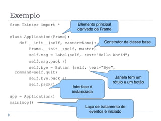 Exemplo
from Tkinter import *
class Application(Frame):
def __init__(self, master=None):
Frame.__init__(self, master)
self.msg = Label(self, text="Hello World")
self.msg.pack ()
self.bye = Button (self, text="Bye",
command=self.quit)
self.bye.pack ()
self.pack()
app = Application()
mainloop()
Elemento principal
derivado de Frame
Construtor da classe base
Janela tem um
rótulo e um botão
Interface é
instanciada
Laço de tratamento de
eventos é iniciado
 