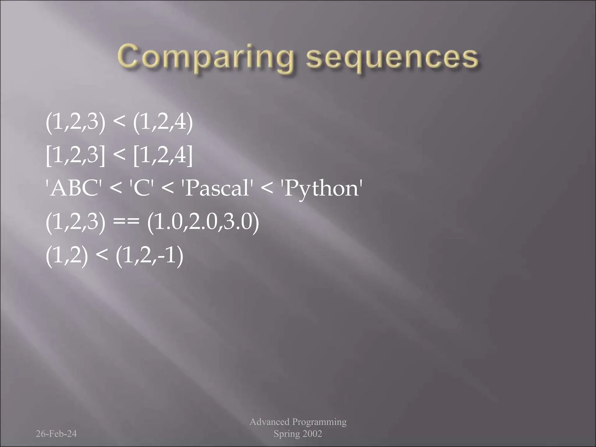 (1,2,3) < (1,2,4)
[1,2,3] < [1,2,4]
'ABC' < 'C' < 'Pascal' < 'Python'
(1,2,3) == (1.0,2.0,3.0)
(1,2) < (1,2,-1)
26-Feb-24
Advanced Programming
Spring 2002
 