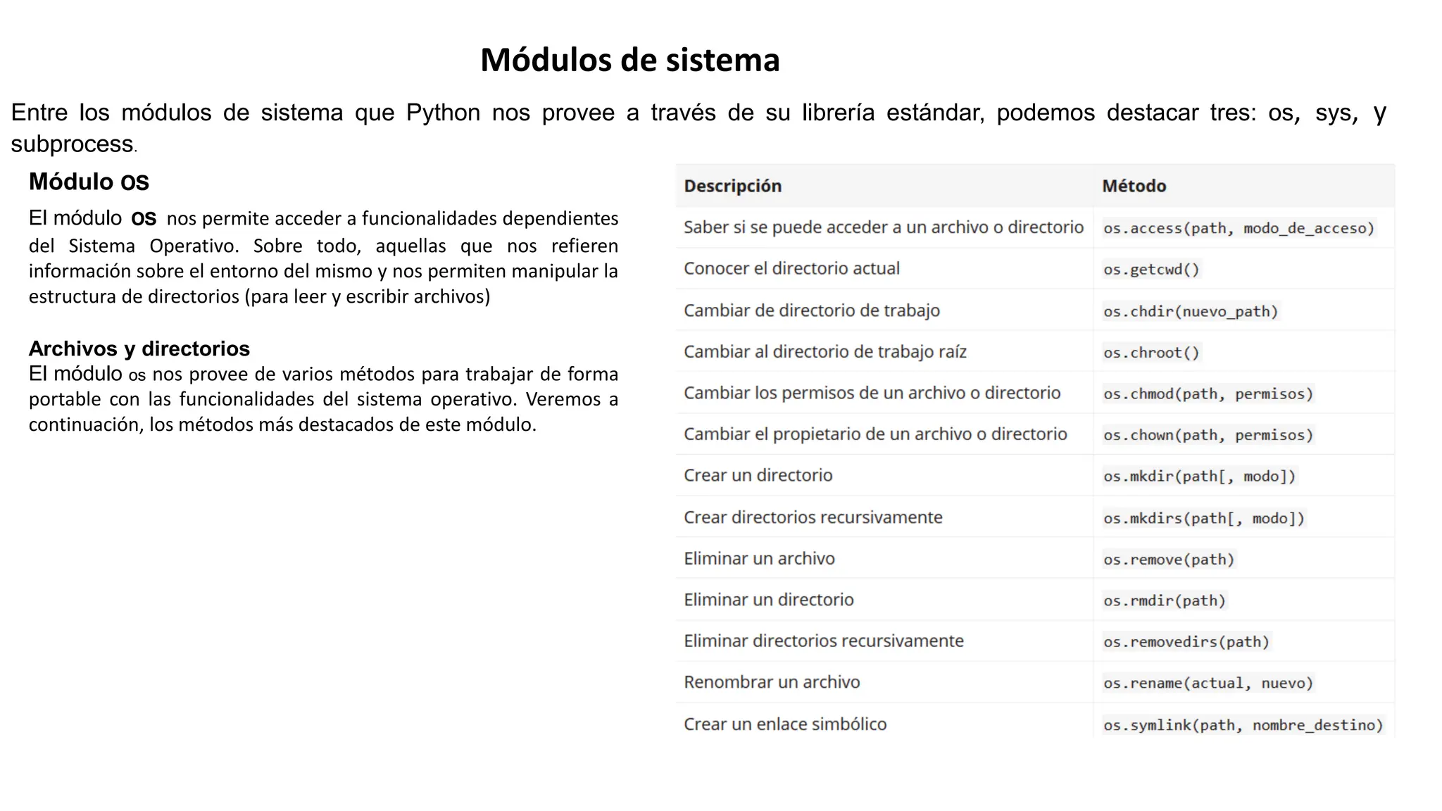 Módulos de sistema
Entre los módulos de sistema que Python nos provee a través de su librería estándar, podemos destacar tres: os, sys, y
subprocess.
Módulo os
El módulo os nos permite acceder a funcionalidades dependientes
del Sistema Operativo. Sobre todo, aquellas que nos refieren
información sobre el entorno del mismo y nos permiten manipular la
estructura de directorios (para leer y escribir archivos)
Archivos y directorios
El módulo os nos provee de varios métodos para trabajar de forma
portable con las funcionalidades del sistema operativo. Veremos a
continuación, los métodos más destacados de este módulo.
 