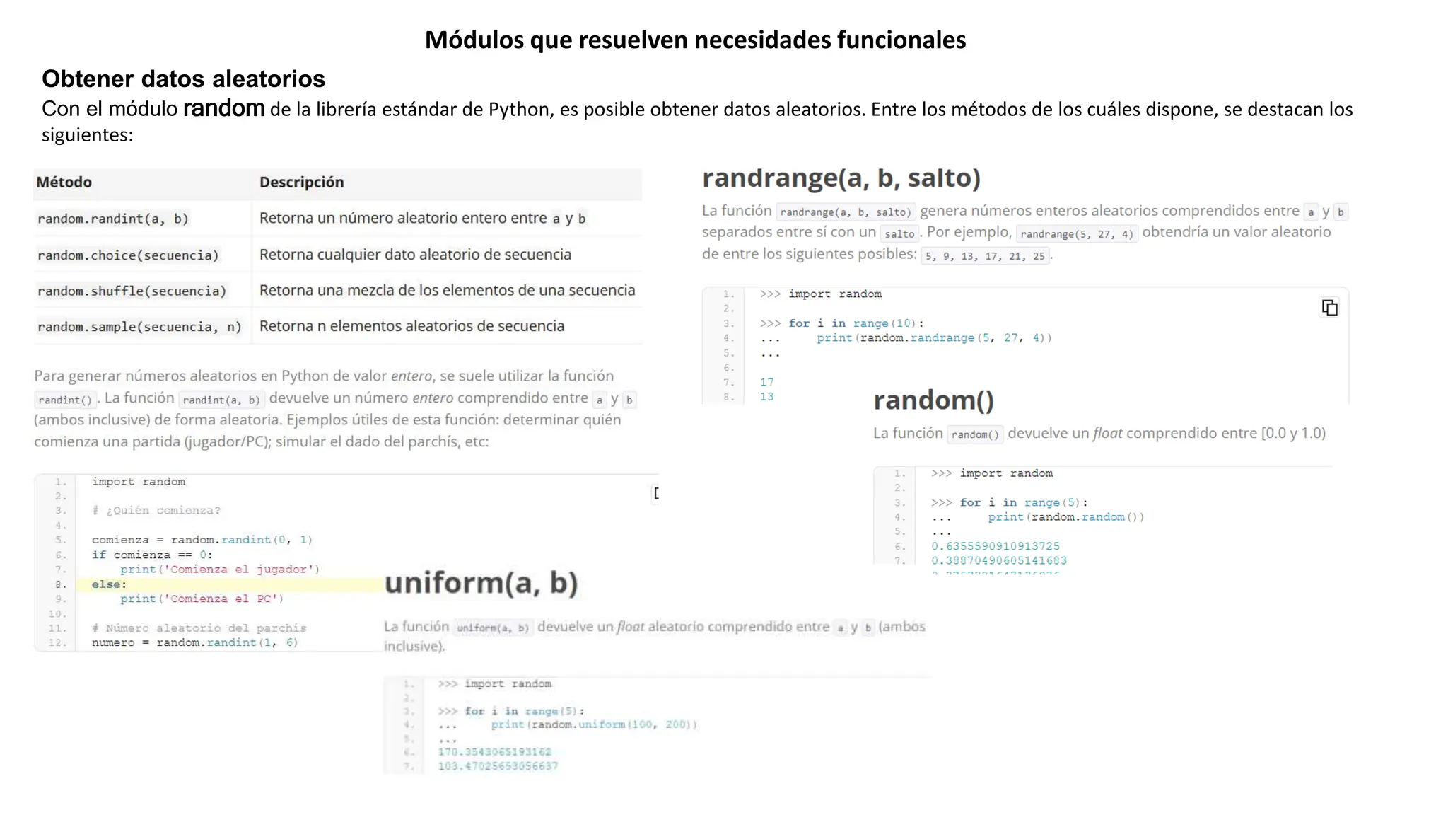 Módulos que resuelven necesidades funcionales
Obtener datos aleatorios
Con el módulo random de la librería estándar de Python, es posible obtener datos aleatorios. Entre los métodos de los cuáles dispone, se destacan los
siguientes:
 