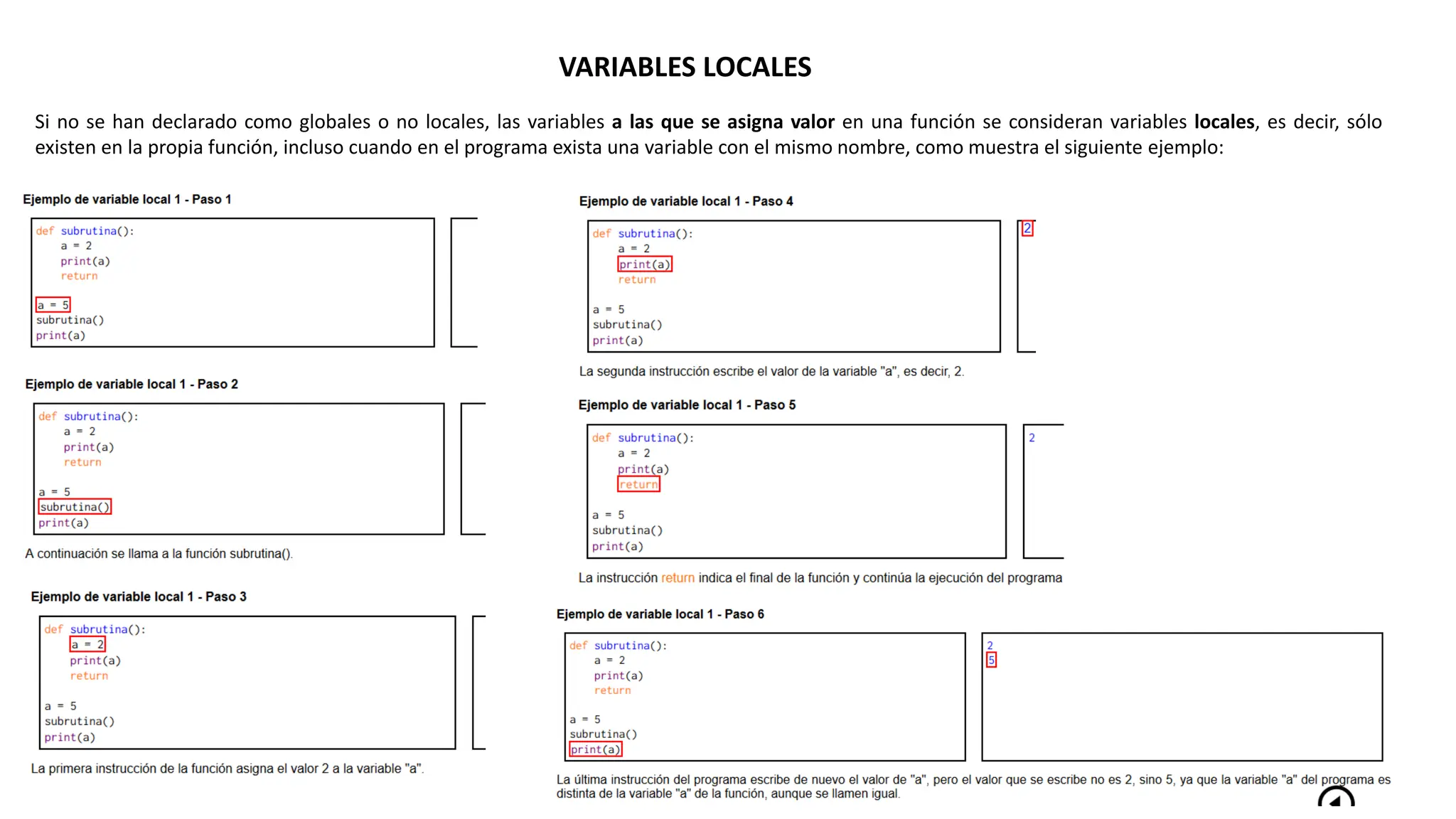 VARIABLES LOCALES
Si no se han declarado como globales o no locales, las variables a las que se asigna valor en una función se consideran variables locales, es decir, sólo
existen en la propia función, incluso cuando en el programa exista una variable con el mismo nombre, como muestra el siguiente ejemplo:
 