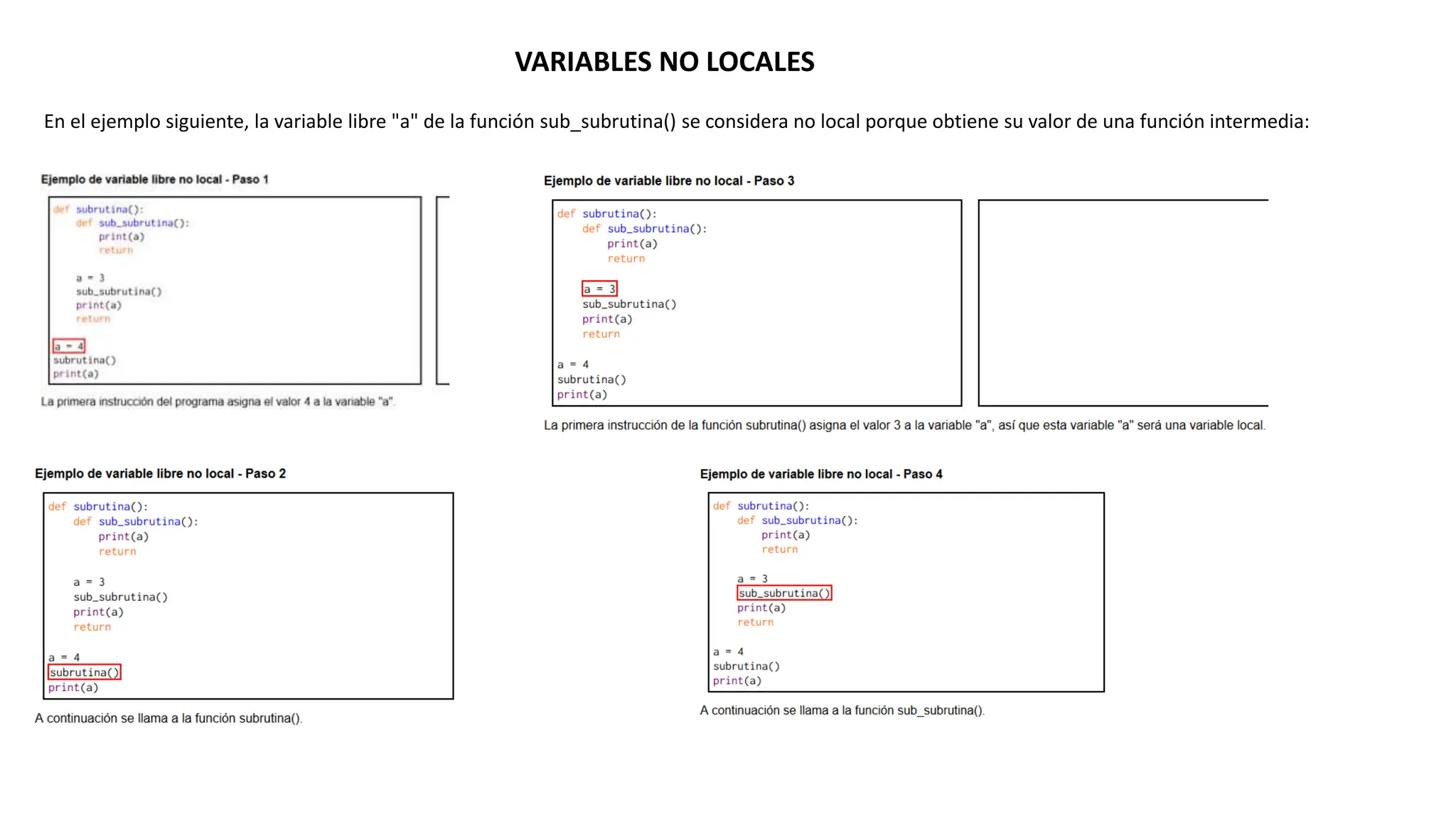 VARIABLES NO LOCALES
En el ejemplo siguiente, la variable libre "a" de la función sub_subrutina() se considera no local porque obtiene su valor de una función intermedia:
 