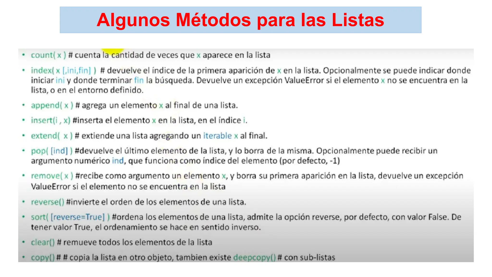 Algunos Métodos para las Listas
 