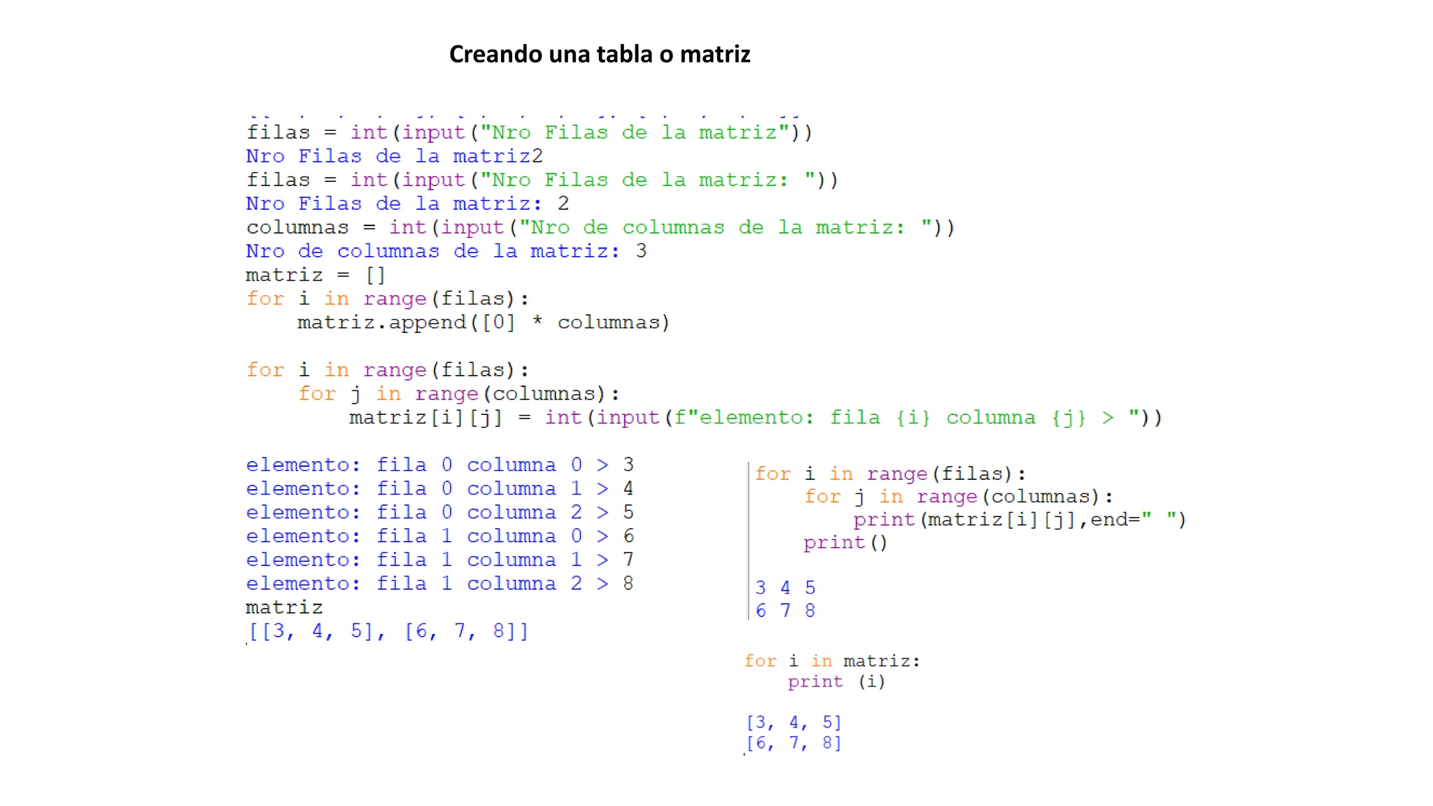 Creando una tabla o matriz
 