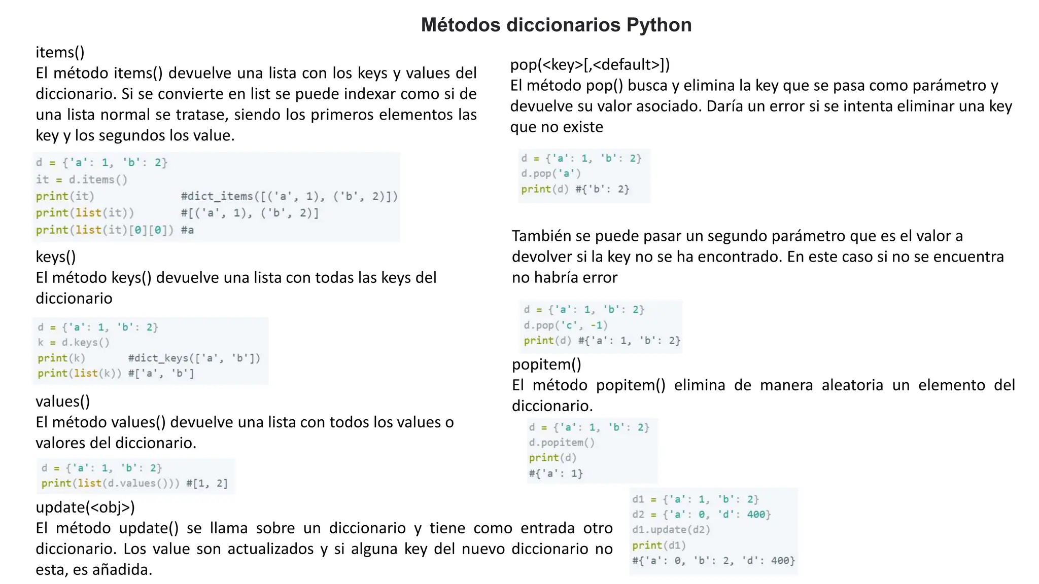 Métodos diccionarios Python
items()
El método items() devuelve una lista con los keys y values del
diccionario. Si se convierte en list se puede indexar como si de
una lista normal se tratase, siendo los primeros elementos las
key y los segundos los value.
keys()
El método keys() devuelve una lista con todas las keys del
diccionario
values()
El método values() devuelve una lista con todos los values o
valores del diccionario.
pop(<key>[,<default>])
El método pop() busca y elimina la key que se pasa como parámetro y
devuelve su valor asociado. Daría un error si se intenta eliminar una key
que no existe
También se puede pasar un segundo parámetro que es el valor a
devolver si la key no se ha encontrado. En este caso si no se encuentra
no habría error
popitem()
El método popitem() elimina de manera aleatoria un elemento del
diccionario.
update(<obj>)
El método update() se llama sobre un diccionario y tiene como entrada otro
diccionario. Los value son actualizados y si alguna key del nuevo diccionario no
esta, es añadida.
 