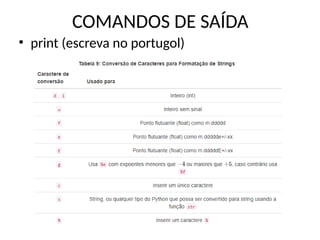 COMANDOS DE SAÍDA
• print (escreva no portugol)
 