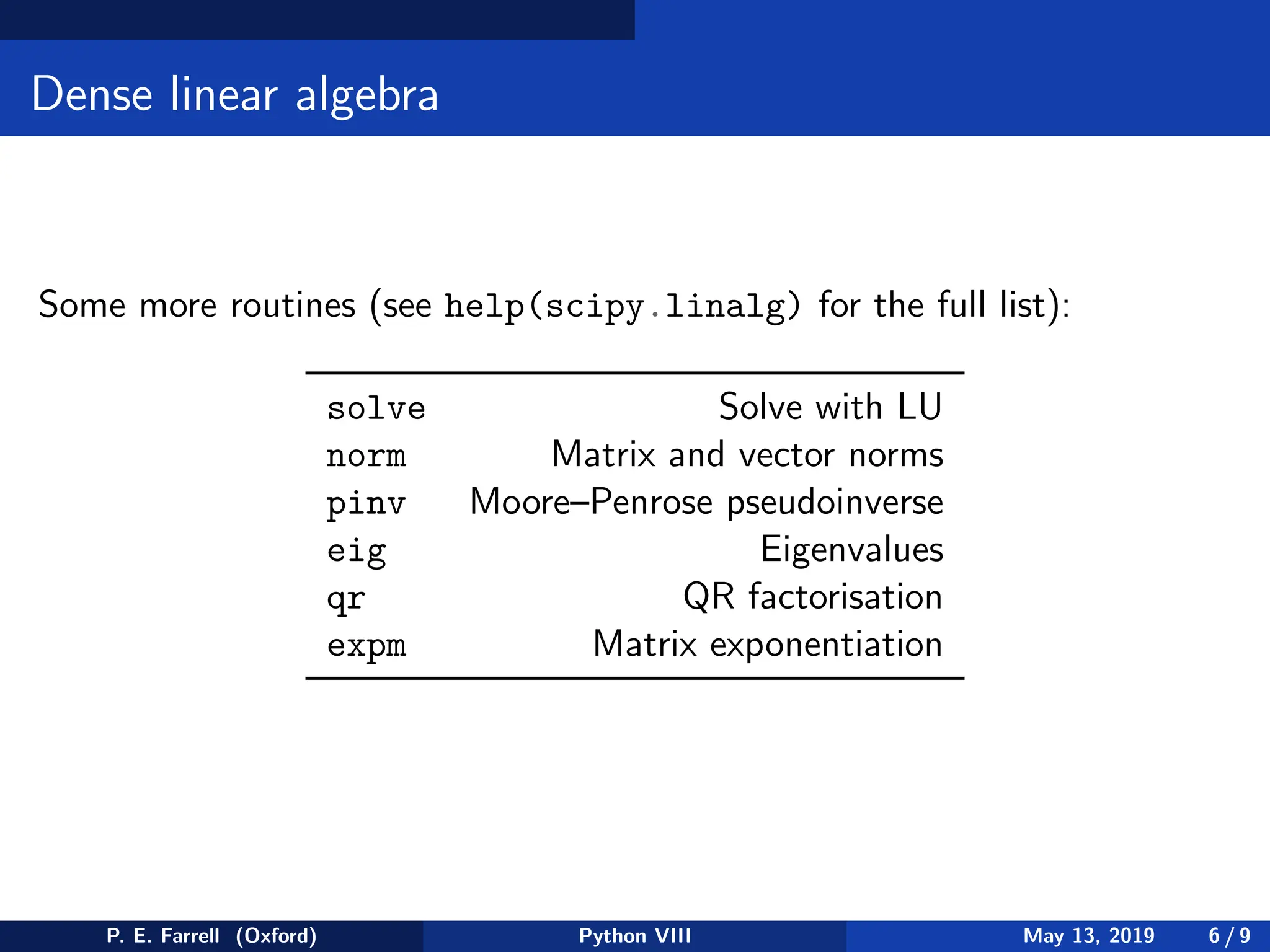 Dense linear algebra
Some more routines (see help(scipy.linalg) for the full list):
solve Solve with LU
norm Matrix and vector norms
pinv Moore–Penrose pseudoinverse
eig Eigenvalues
qr QR factorisation
expm Matrix exponentiation
P. E. Farrell (Oxford) Python VIII May 13, 2019 6 / 9
 