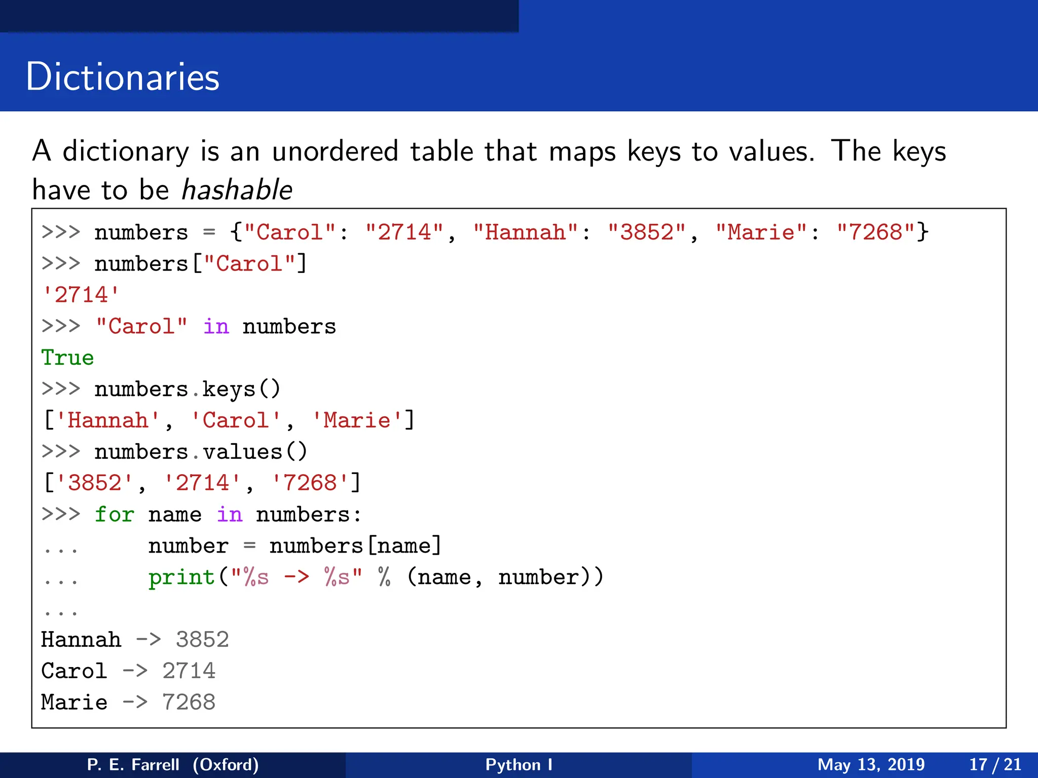 Dictionaries
A dictionary is an unordered table that maps keys to values. The keys
have to be hashable
 numbers = {Carol: 2714, Hannah: 3852, Marie: 7268}
 numbers[Carol]
'2714'
 Carol in numbers
True
 numbers.keys()
['Hannah', 'Carol', 'Marie']
 numbers.values()
['3852', '2714', '7268']
 for name in numbers:
... number = numbers[name]
... print(%s - %s % (name, number))
...
Hannah - 3852
Carol - 2714
Marie - 7268
P. E. Farrell (Oxford) Python I May 13, 2019 17 / 21
 