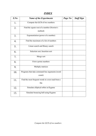 INDEX
S.No Name of the Experiments Page No Staff Sign
1. Compute the GCD of two numbers
2. Find the square root of a number (Newton‘s
method)
3. Exponentiation (power of a number)
4. Find the maximum of a list of numbers
5. Linear search and Binary search
6. Selection sort, Insertion sort
7. Merge sort
8. First n prime numbers
9. Multiply matrices
10. Programs that take command line arguments (word
count)
11. Find the most frequent words in a text read from a
file
12. Simulate elliptical orbits in Pygame
13. Simulate bouncing ball using Pygame
Compute the GCD of two numbers
 