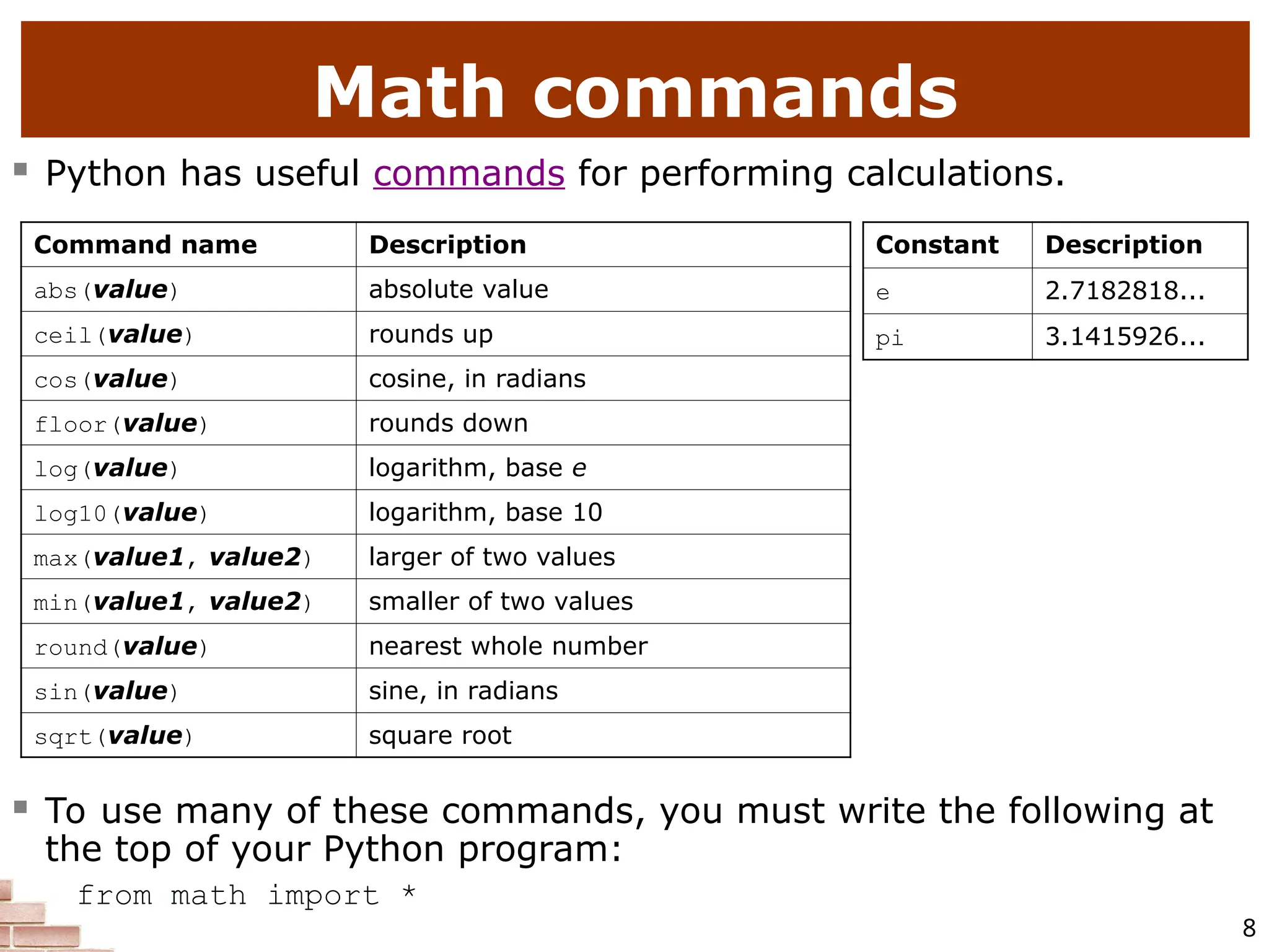 8 Math commands  Python has useful commands for performing calculations.  To use many of these commands, you must write the following at the top of your Python program: from math import * Command name Description abs(value) absolute value ceil(value) rounds up cos(value) cosine, in radians floor(value) rounds down log(value) logarithm, base e log10(value) logarithm, base 10 max(value1, value2) larger of two values min(value1, value2) smaller of two values round(value) nearest whole number sin(value) sine, in radians sqrt(value) square root Constant Description e 2.7182818... pi 3.1415926... 