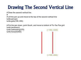 Drawing The Second Vertical Line
# Draw the second vertical line
#
# Lift the pen up and move to the top of the second vertical line
turtle.penup()
turtle.goto(100, 200)
# Put the pen down, point South, and move to bottom of Tic-Tac-Toe grid
turtle.pendown()
turtle.setheading(270)
turtle.forward(400)
(+100,+200)
(+100,-200)
 