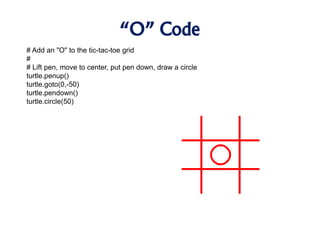 “O” Code
# Add an "O" to the tic-tac-toe grid
#
# Lift pen, move to center, put pen down, draw a circle
turtle.penup()
turtle.goto(0,-50)
turtle.pendown()
turtle.circle(50)
 