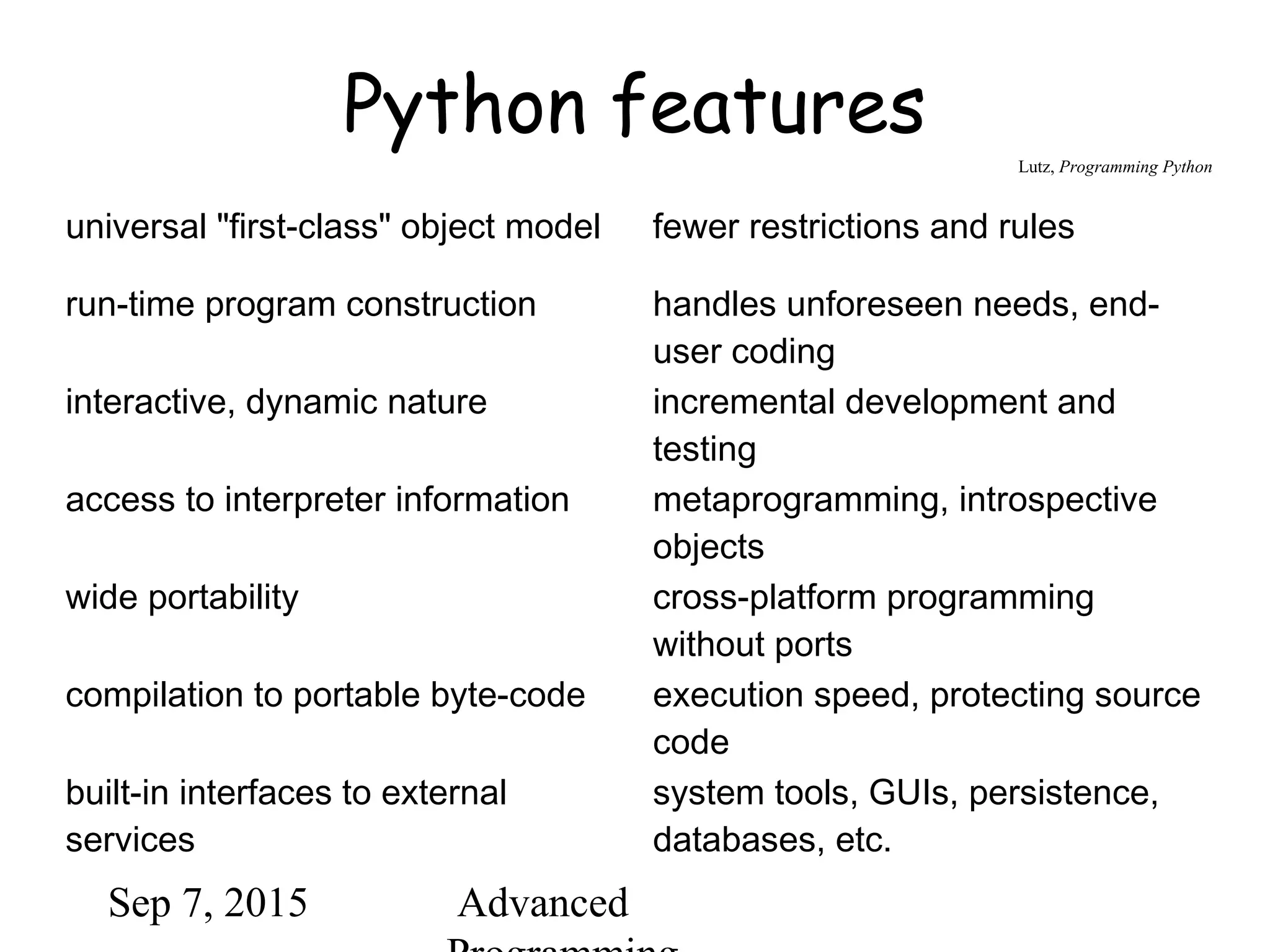 Sep 7, 2015 Advanced
Python features
universal "first-class" object model fewer restrictions and rules
run-time program construction handles unforeseen needs, end-
user coding
interactive, dynamic nature incremental development and
testing
access to interpreter information metaprogramming, introspective
objects
wide portability cross-platform programming
without ports
compilation to portable byte-code execution speed, protecting source
code
built-in interfaces to external
services
system tools, GUIs, persistence,
databases, etc.
Lutz, Programming Python
 