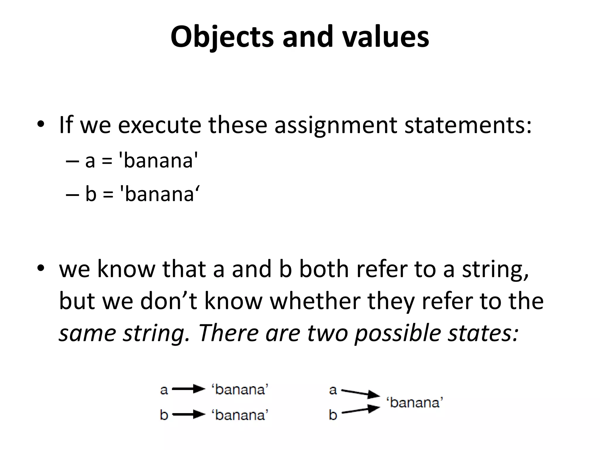 Objects and values
• If we execute these assignment statements:
– a = 'banana'
– b = 'banana‘
• we know that a and b both refer to a string,
but we don’t know whether they refer to the
same string. There are two possible states:
 