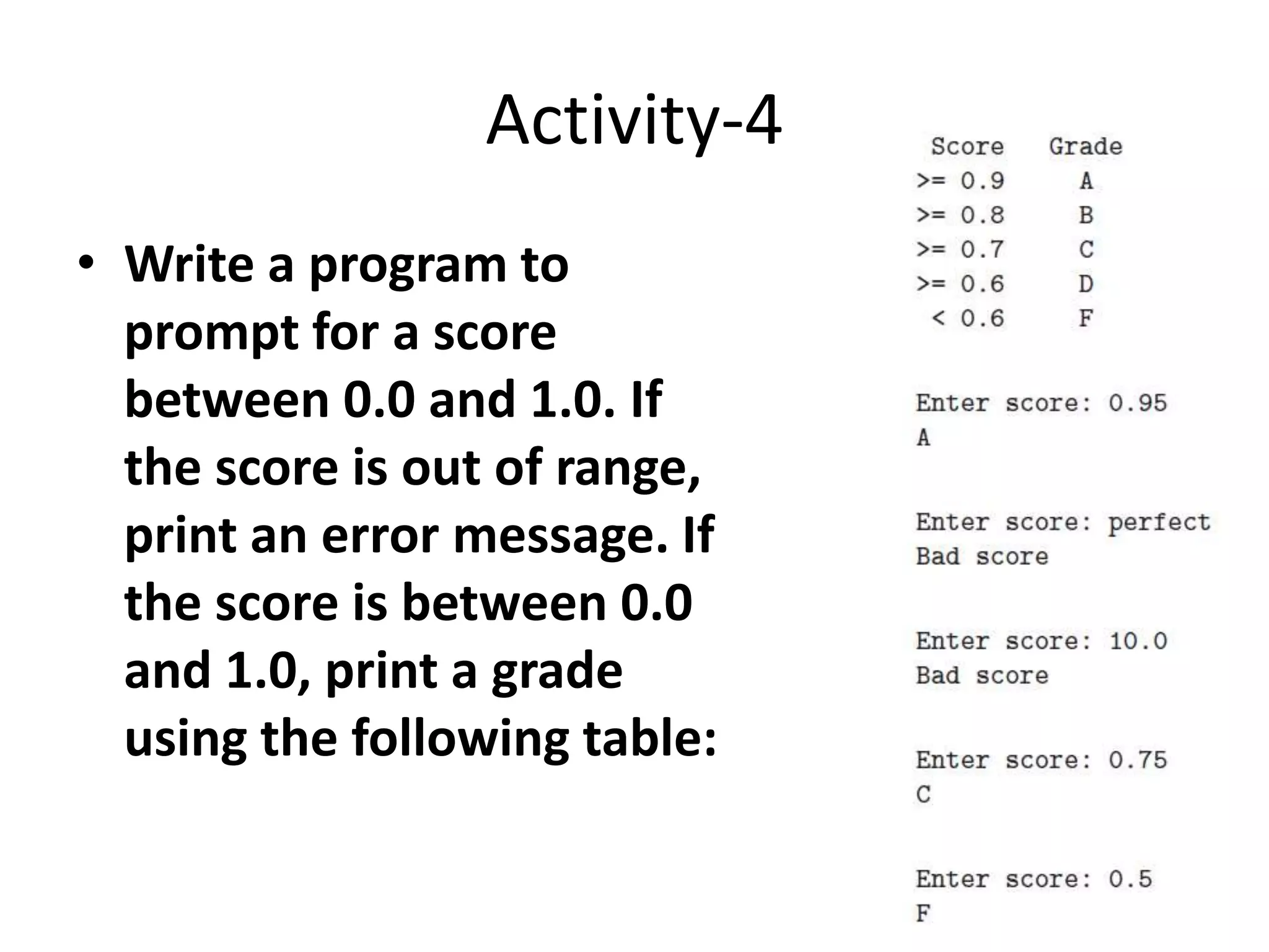 Activity-4
• Write a program to
prompt for a score
between 0.0 and 1.0. If
the score is out of range,
print an error message. If
the score is between 0.0
and 1.0, print a grade
using the following table:
 