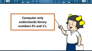 Computer only
understands binary
numbers 0’s and 1’s.
 