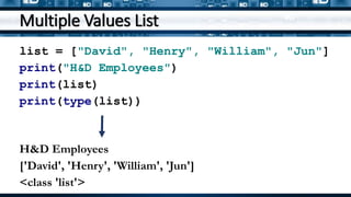 Multiple Values List
list = ["David", "Henry", "William", "Jun"]
print("H&D Employees")
print(list)
print(type(list))
H&D Employees
['David', 'Henry', 'William', 'Jun']
<class 'list'>
 