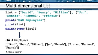 Multi-dimensional List
list = ["David", "Henry", "William“], ["Jun“,
“Dennis”, “Rommel", "Francis"]
print("H&D Employees")
print(list)
print(type(list))
H&D Employees
[['David', 'Henry', 'William'], ['Jun', 'Dennis'], ['Arman', 'Rommel',
'Francis']]
<class 'list'>
 