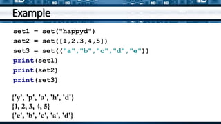 Example
set1 = set("happyd")
set2 = set([1,2,3,4,5])
set3 = set(("a","b","c","d","e"))
print(set1)
print(set2)
print(set3)
{'y', 'p', 'a', 'h', 'd'}
{1, 2, 3, 4, 5}
{'e', 'b', 'c', 'a', 'd'}
 
