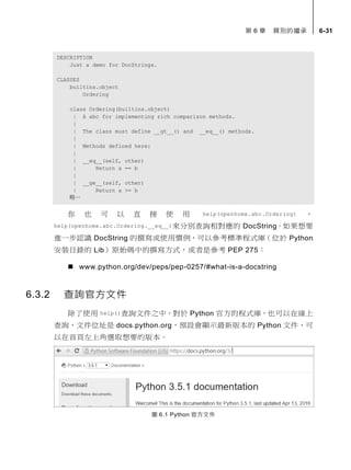 第 6 章 類別的繼承 6-31
DESCRIPTION
Just a demo for DocStrings.
CLASSES
builtins.object
Ordering
class Ordering(builtins.object)
| A abc for implementing rich comparison methods.
|
| The class must define __gt__() and __eq__() methods.
|
| Methods defined here:
|
| __eq__(self, other)
| Return a == b
|
| __ge__(self, other)
| Return a >= b
略…
你 也 可 以 直 接 使 用 help(openhome.abc.Ordering) 、
help(openhome.abc.Ordering.__eq__)來分別查詢相對應的 DocString。如果想要
進一步認識 DocString 的撰寫或使用慣例，可以參考標準程式庫（位於 Python
安裝目錄的 Lib）原始碼中的撰寫方式，或者是參考 PEP 275：
 www.python.org/dev/peps/pep-0257/#what-is-a-docstring
6.3.2 查詢官方文件
除了使用 help()查詢文件之中，對於 Python 官方的程式庫，也可以在線上
查詢，文件位址是 docs.python.org，預設會顯示最新版本的 Python 文件，可
以在首頁左上角選取想要的版本。
圖 6.1 Python 官方文件
 