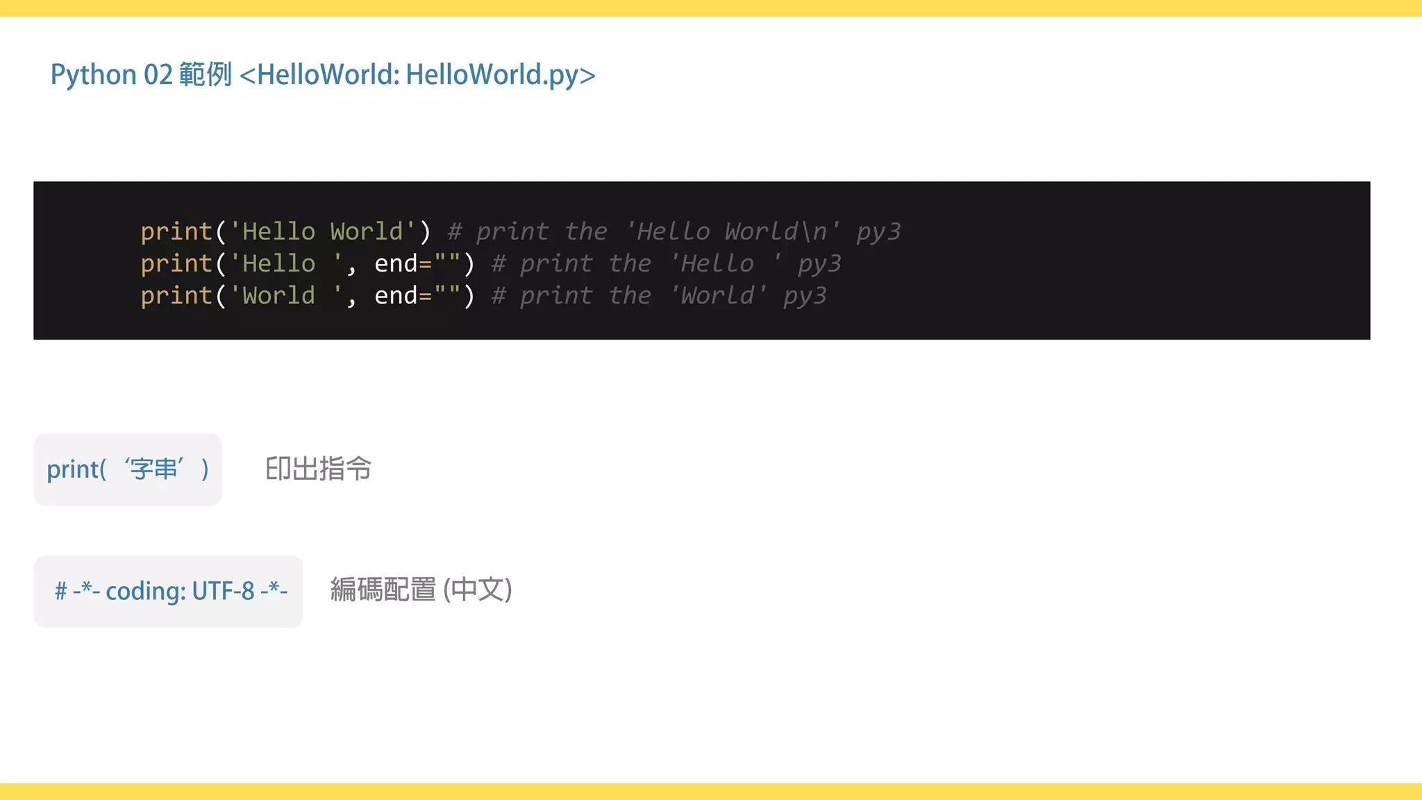 print('Hello World') # print the 'Hello Worldn' py3
print('Hello ', end="") # print the 'Hello ' py3
print('World ', end="") # print the 'World' py3