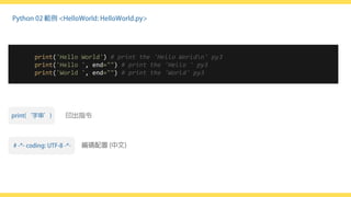 print('Hello World') # print the 'Hello Worldn' py3
print('Hello ', end="") # print the 'Hello ' py3
print('World ', end="") # print the 'World' py3
 