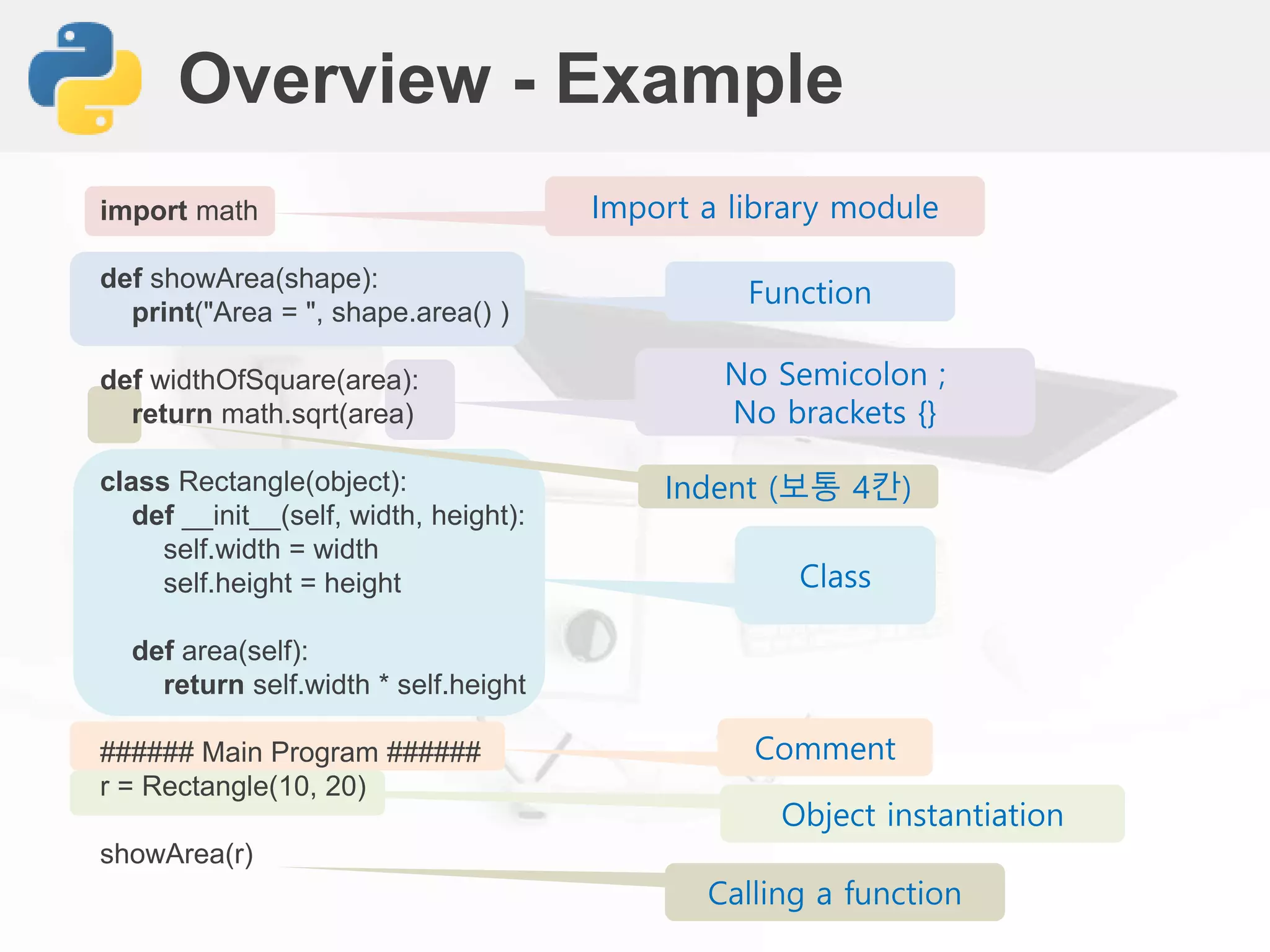 Calling a function
Object instantiation
Overview - Example
import math
def showArea(shape):
print("Area = ", shape.area() )
def widthOfSquare(area):
return math.sqrt(area)
class Rectangle(object):
def __init__(self, width, height):
self.width = width
self.height = height
def area(self):
return self.width * self.height
###### Main Program ######
r = Rectangle(10, 20)
showArea(r)
Import a library module
Function
No Semicolon ;
No brackets {}
Class
Comment
Indent (보통 4칸)
 