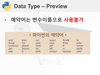 Data Type – Preview
• 예약어는 변수이름으로 사용불가
 