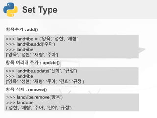 Set Type
>>> landvibe = {‘양욱’, ‘성현’, ‘재형’}
>>> landvibe.add(‘주아’)
>>> landvibe
{‘양욱’, ‘성현’, ‘재형’, ‘주아’}
항목추가 : add()
>>> landvibe.update(“건희”, “규정”)
>>> landvibe
{‘양욱’, ‘성현’, ‘재형’, ‘주아’, ‘건희’, ‘규정’}
항목 여러개 추가 : update()
>>> landvibe.remove(‘양욱’)
>>> landvibe
{‘성현’, ‘재형’, ‘주아’, ‘건희’, ‘규정’}
항목 삭제 : remove()
 