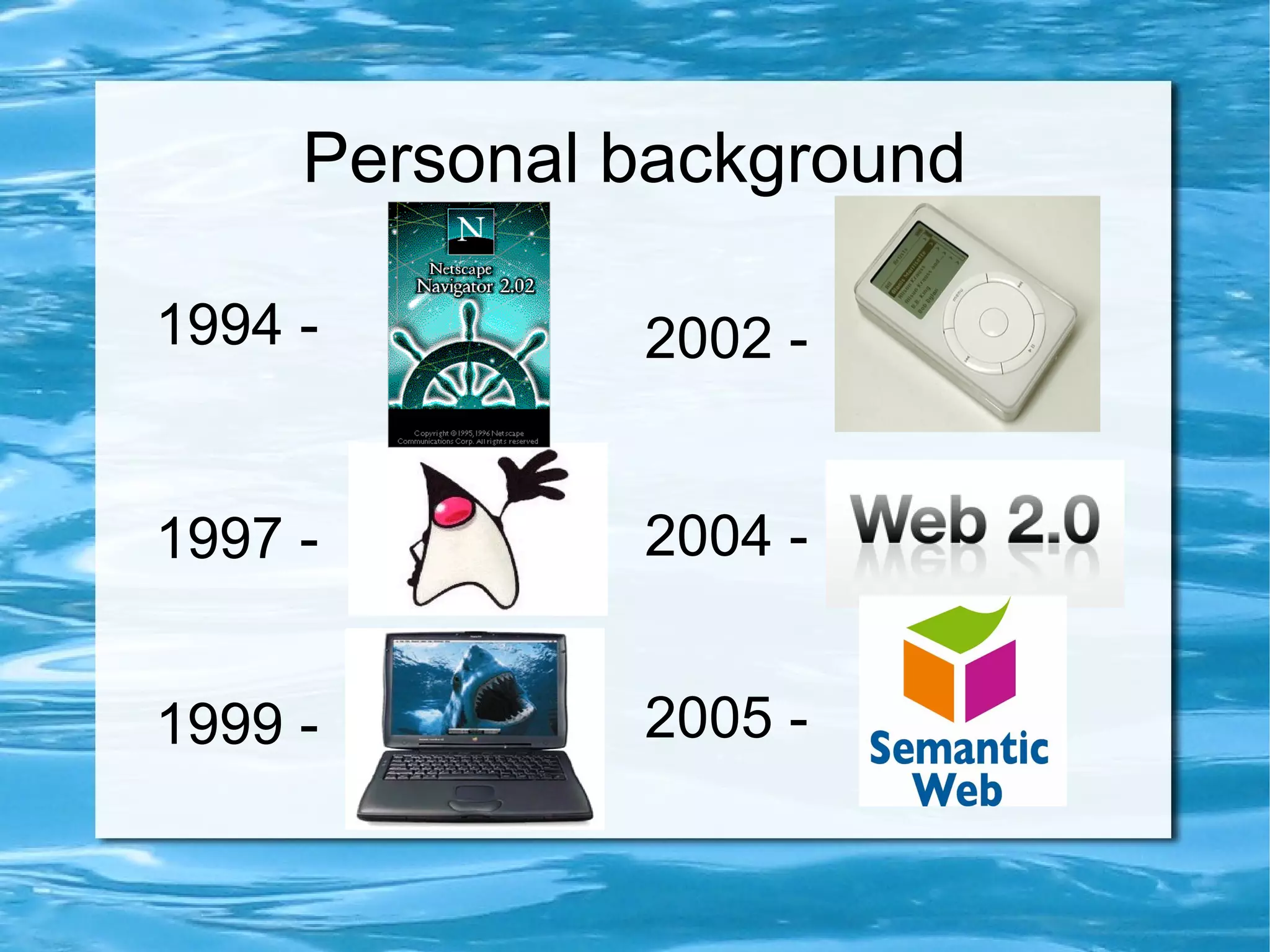 Personal background

1994 -        2002 -


1997 -        2004 -


1999 -        2005 -
 