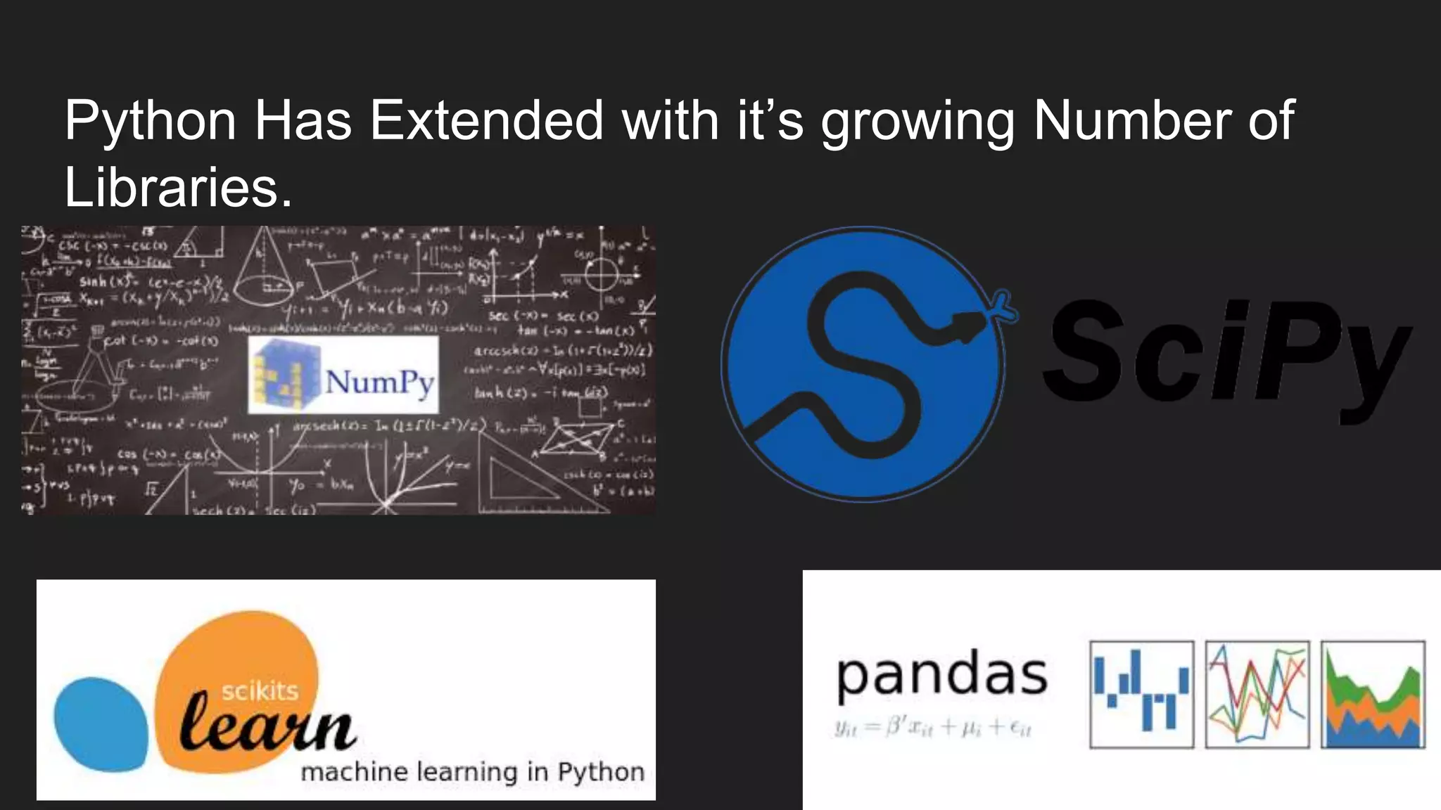Python Has Extended with it’s growing Number of
Libraries.
 