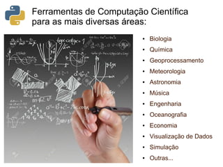 Ferramentas de Computação Científica
para as mais diversas áreas:
● Biologia
● Química
● Geoprocessamento
● Meteorologia
● Astronomia
● Música
● Engenharia
● Oceanografia
● Economia
● Visualização de Dados
● Simulação
● Outras...
 