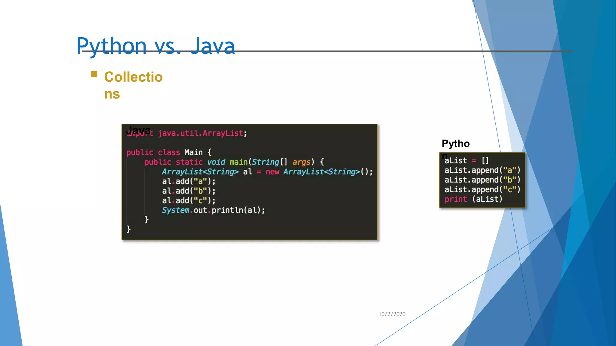 Python vs. Java
10/2/2020
 Collectio
ns
Java
Pytho
n
 