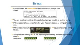Strings
10/2/2020
 Python Strings are Immutable objects that cannot change their
values.
 You can update an existing string by (re)assigning a variable to another string.
 Python does not support a character type; these are treated as strings of length
one.
 Python accepts single ('), double (") and triple (''' or """) quotes to denote string
literals.
 String indexes starting at 0 in the beginning of the string and working their way
from -1
at the end.
 