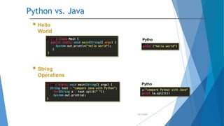 Python vs. Java
10/2/2020
 Hello
World
Java Pytho
n
 String
Operations
Java Pytho
n
 