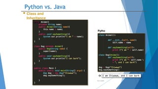 Python vs. Java
10/2/2020
 Class and
Inheritance
Java
Pytho
n

 