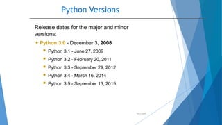 Python Versions
10/2/2020
Release dates for the major and minor
versions:
Python 3.0 - December 3, 2008
 Python 3.1 - Ju...