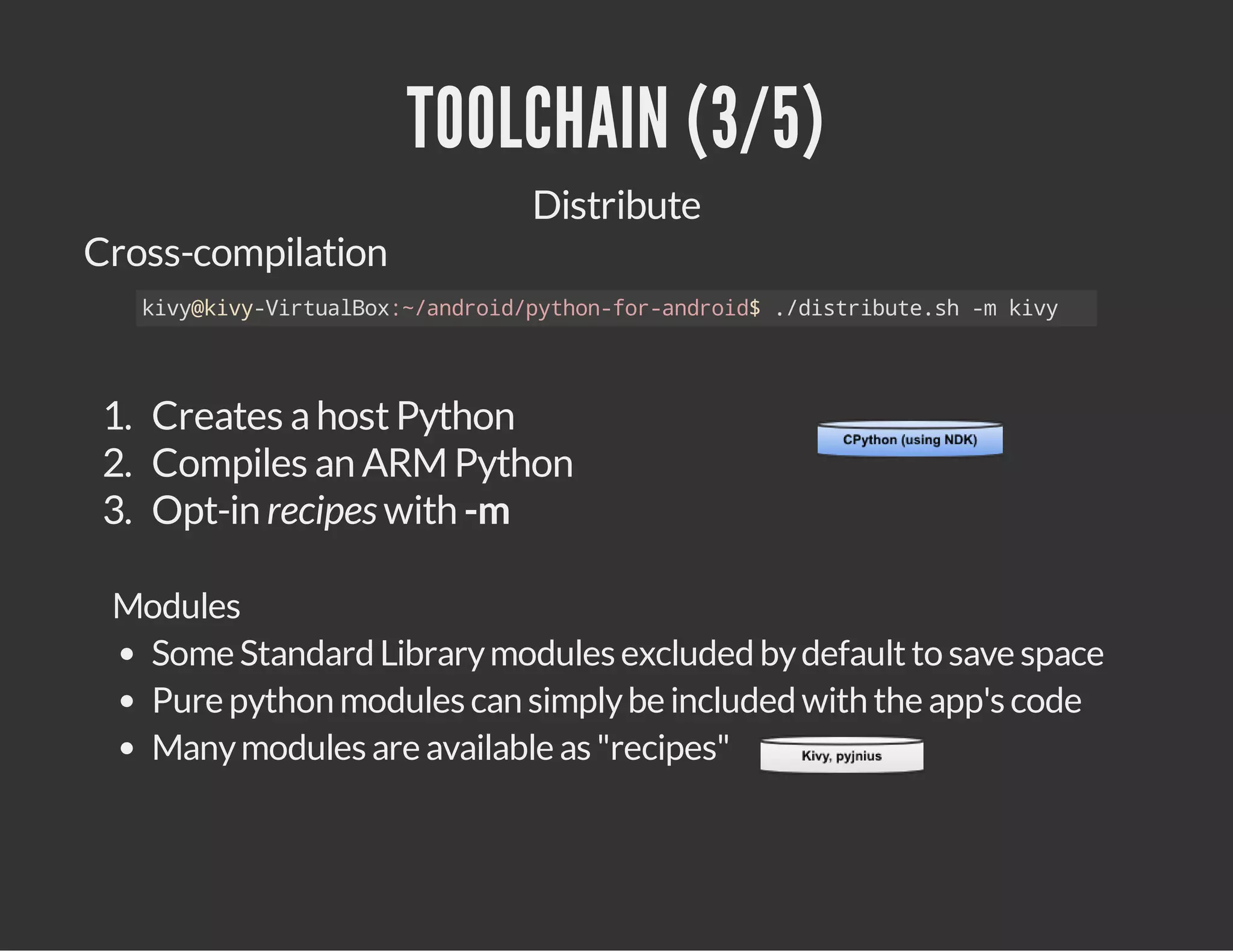 TOOLCHAIN (3/5)
Cross-compilation

Distribute

kv@iyVrulo:/nri/yhnfradod .dsrbt.h- kv
iykv-itaBx~adodpto-o-nri$ /itiues m iy

1. Creates a host Python
2. Compiles an ARM Python
3. Opt-in recipes with -m
Modules
Some Standard Library modules excluded by default to save space
Pure python modules can simply be included with the app's code
Many modules are available as "recipes"

 