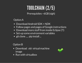 TOOLCHAIN (2/5)
Prerequisites ~6GB (sigh)
Option A
Download Android SDK + NDK
Follow pages and pages of Google instructions
Download more stuff from inside Eclipse (?!)
Set-up some environment variables
git clone ..., pip install ...
Option B
Download .vbi virtual machine image
Run with virtualbox

 