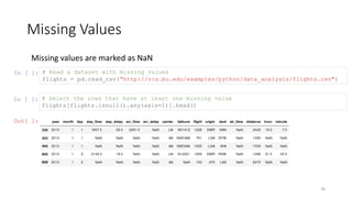 Missing Values
36
Missing values are marked as NaN
In [ ]: # Read a dataset with missing values
flights = pd.read_csv("http://rcs.bu.edu/examples/python/data_analysis/flights.csv")
In [ ]: # Select the rows that have at least one missing value
flights[flights.isnull().any(axis=1)].head()
Out[ ]:
 