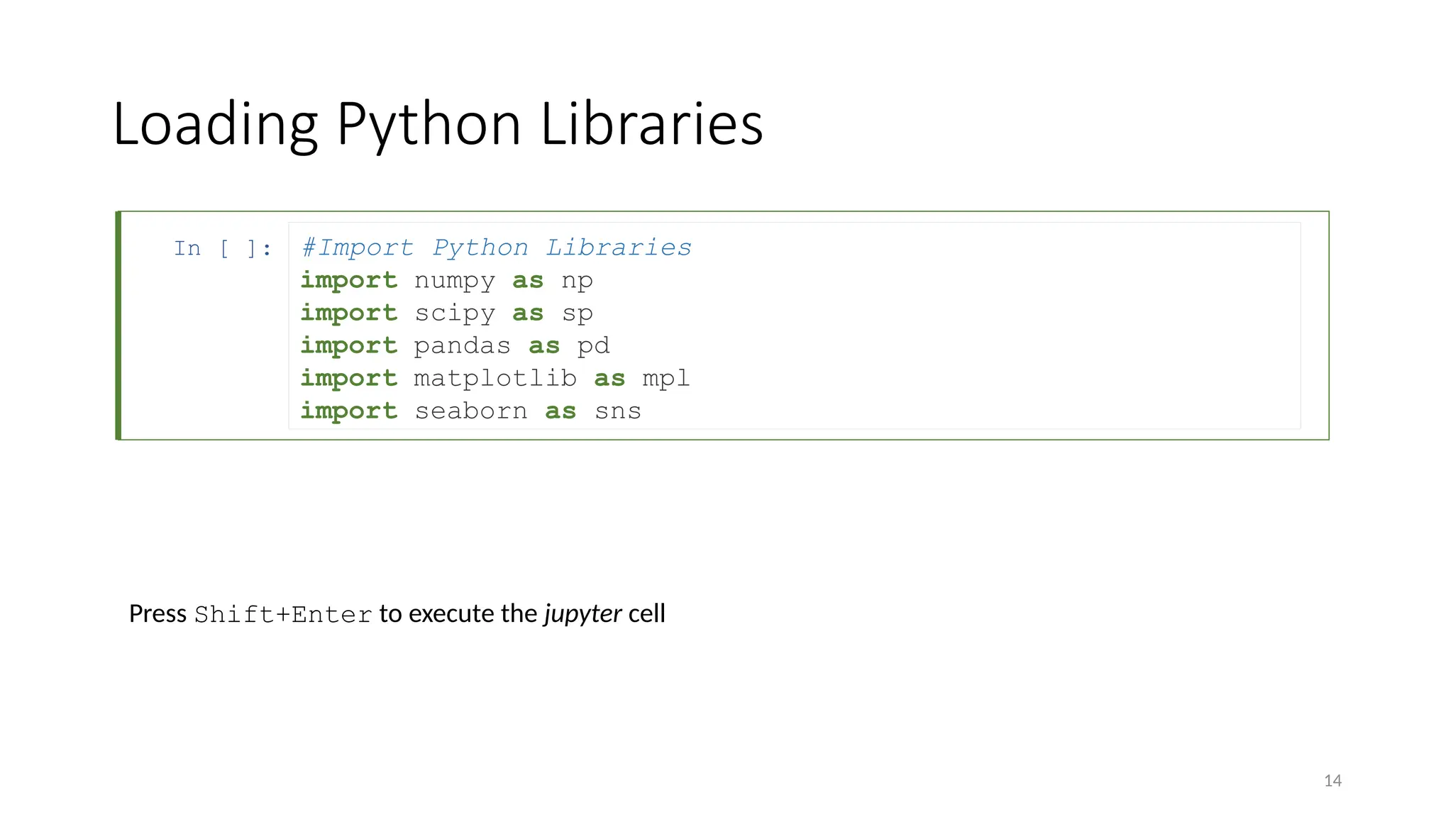 14
In [ ]:
Loading Python Libraries
#Import Python Libraries
import numpy as np
import scipy as sp
import pandas as pd
import matplotlib as mpl
import seaborn as sns
Press Shift+Enter to execute the jupyter cell
 
