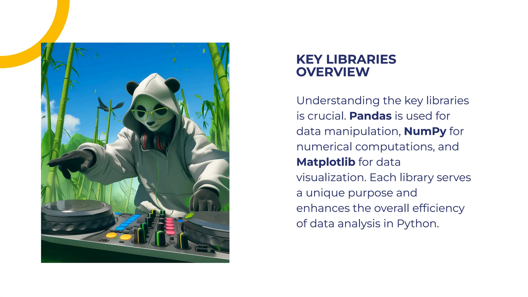 Understanding the key libraries
is crucial. Pandas is used for
data manipulation, NumPy for
numerical computations, and
Matplotlib for data
visualization. Each library serves
a unique purpose and
enhances the overall efﬁciency
of data analysis in Python.
Understanding the key libraries
is crucial. Pandas is used for
data manipulation, NumPy for
numerical computations, and
Matplotlib for data
visualization. Each library serves
a unique purpose and
enhances the overall efﬁciency
of data analysis in Python.
KEY LIBRARIES
OVERVIEW
KEY LIBRARIES
OVERVIEW
 
