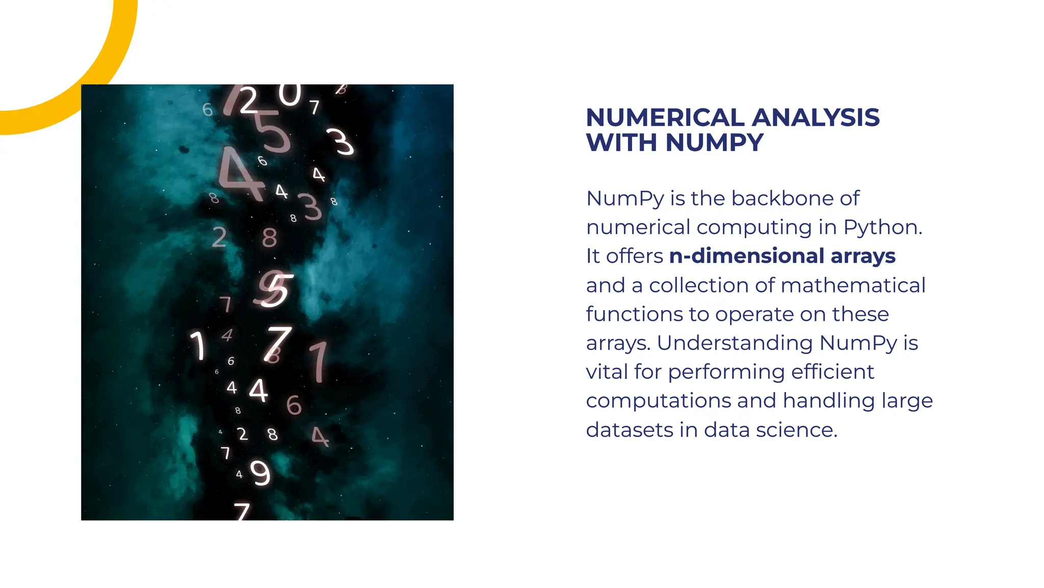 NumPy is the backbone of
numerical computing in Python.
It offers n-dimensional arrays
and a collection of mathematical
functions to operate on these
arrays. Understanding NumPy is
vital for performing efﬁcient
computations and handling large
datasets in data science.
NumPy is the backbone of
numerical computing in Python.
It offers n-dimensional arrays
and a collection of mathematical
functions to operate on these
arrays. Understanding NumPy is
vital for performing efﬁcient
computations and handling large
datasets in data science.
NUMERICAL ANALYSIS
WITH NUMPY
NUMERICAL ANALYSIS
WITH NUMPY
 