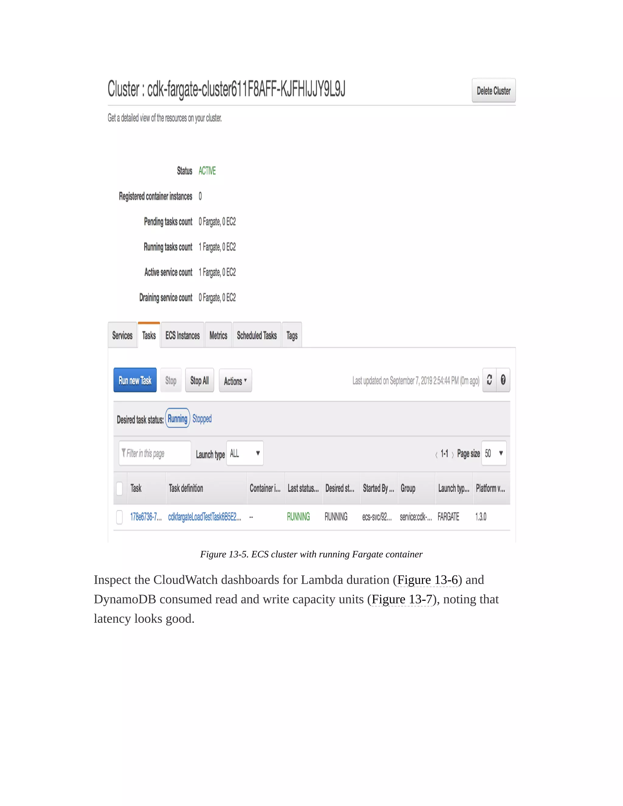 Figure 13-5. ECS cluster with running Fargate container
Inspect the CloudWatch dashboards for Lambda duration (Figure 13-6) and
DynamoDB consumed read and write capacity units (Figure 13-7), noting that
latency looks good.
 