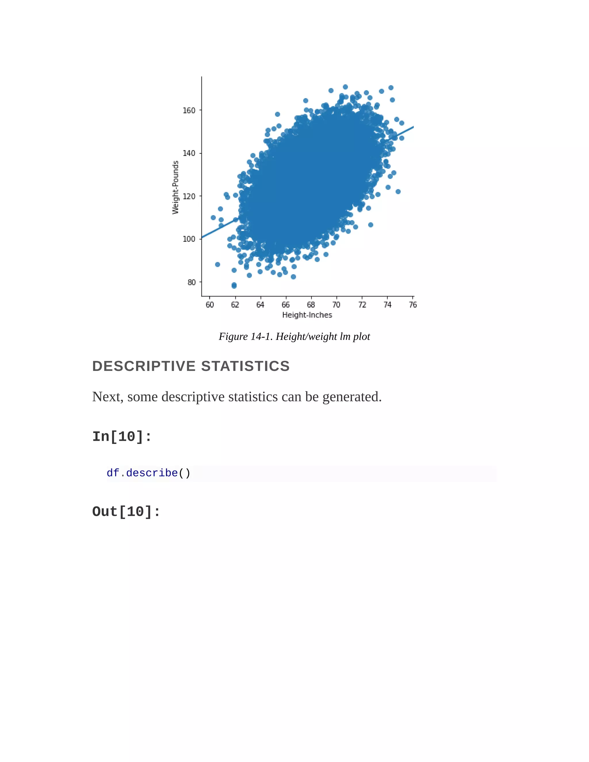 Figure 14-1. Height/weight lm plot
DESCRIPTIVE STATISTICS
Next, some descriptive statistics can be generated.
In[10]:
df.describe()
Out[10]:
 