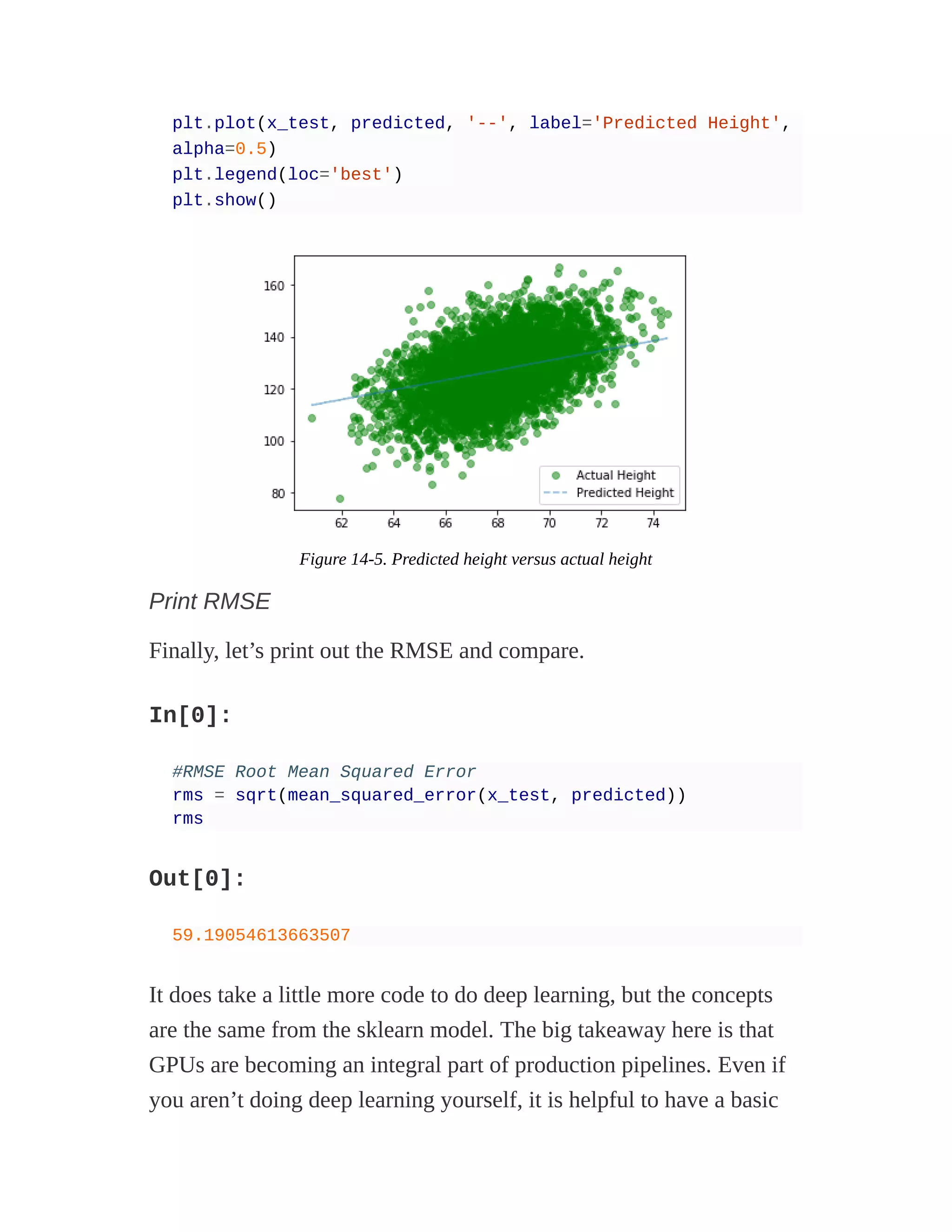 plt.plot(x_test, predicted, '--', label='Predicted Height',
alpha=0.5)
plt.legend(loc='best')
plt.show()
Figure 14-5. Predicted height versus actual height
Print RMSE
Finally, let’s print out the RMSE and compare.
In[0]:
#RMSE Root Mean Squared Error
rms = sqrt(mean_squared_error(x_test, predicted))
rms
Out[0]:
59.19054613663507
It does take a little more code to do deep learning, but the concepts
are the same from the sklearn model. The big takeaway here is that
GPUs are becoming an integral part of production pipelines. Even if
you aren’t doing deep learning yourself, it is helpful to have a basic
 