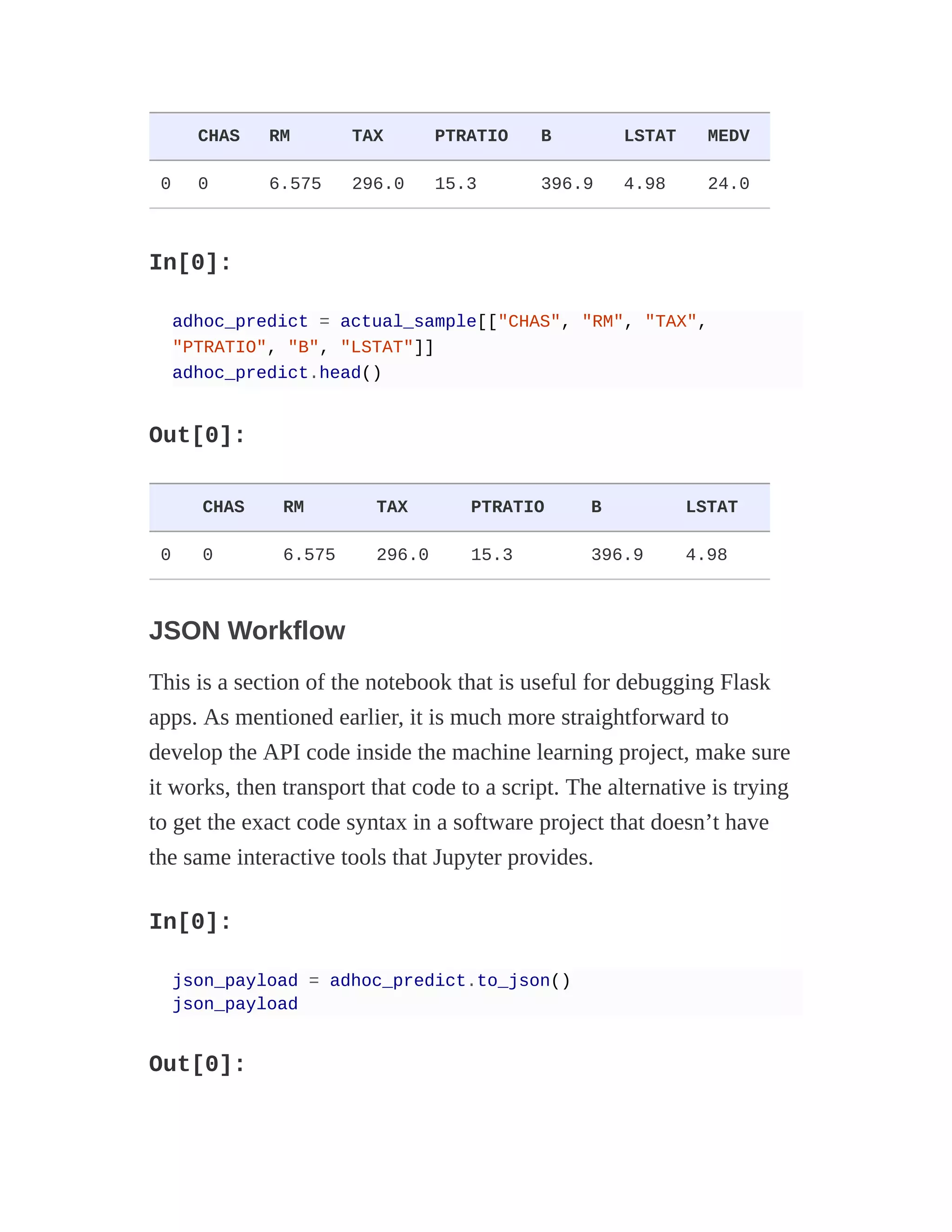 CHAS RM TAX PTRATIO B LSTAT MEDV
0 0 6.575 296.0 15.3 396.9 4.98 24.0
In[0]:
adhoc_predict = actual_sample[["CHAS", "RM", "TAX",
"PTRATIO", "B", "LSTAT"]]
adhoc_predict.head()
Out[0]:
CHAS RM TAX PTRATIO B LSTAT
0 0 6.575 296.0 15.3 396.9 4.98
JSON Workflow
This is a section of the notebook that is useful for debugging Flask
apps. As mentioned earlier, it is much more straightforward to
develop the API code inside the machine learning project, make sure
it works, then transport that code to a script. The alternative is trying
to get the exact code syntax in a software project that doesn’t have
the same interactive tools that Jupyter provides.
In[0]:
json_payload = adhoc_predict.to_json()
json_payload
Out[0]:
 