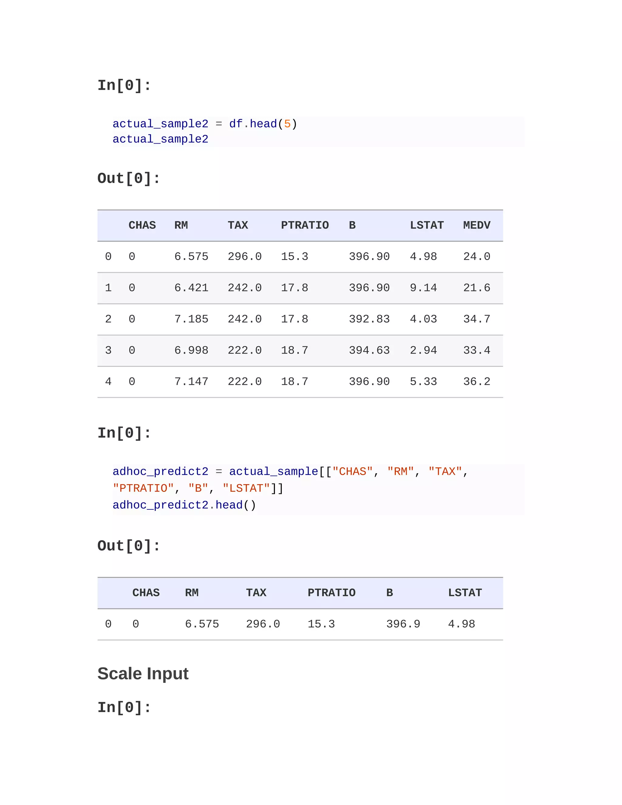 In[0]:
actual_sample2 = df.head(5)
actual_sample2
Out[0]:
CHAS RM TAX PTRATIO B LSTAT MEDV
0 0 6.575 296.0 15.3 396.90 4.98 24.0
1 0 6.421 242.0 17.8 396.90 9.14 21.6
2 0 7.185 242.0 17.8 392.83 4.03 34.7
3 0 6.998 222.0 18.7 394.63 2.94 33.4
4 0 7.147 222.0 18.7 396.90 5.33 36.2
In[0]:
adhoc_predict2 = actual_sample[["CHAS", "RM", "TAX",
"PTRATIO", "B", "LSTAT"]]
adhoc_predict2.head()
Out[0]:
CHAS RM TAX PTRATIO B LSTAT
0 0 6.575 296.0 15.3 396.9 4.98
Scale Input
In[0]:
 