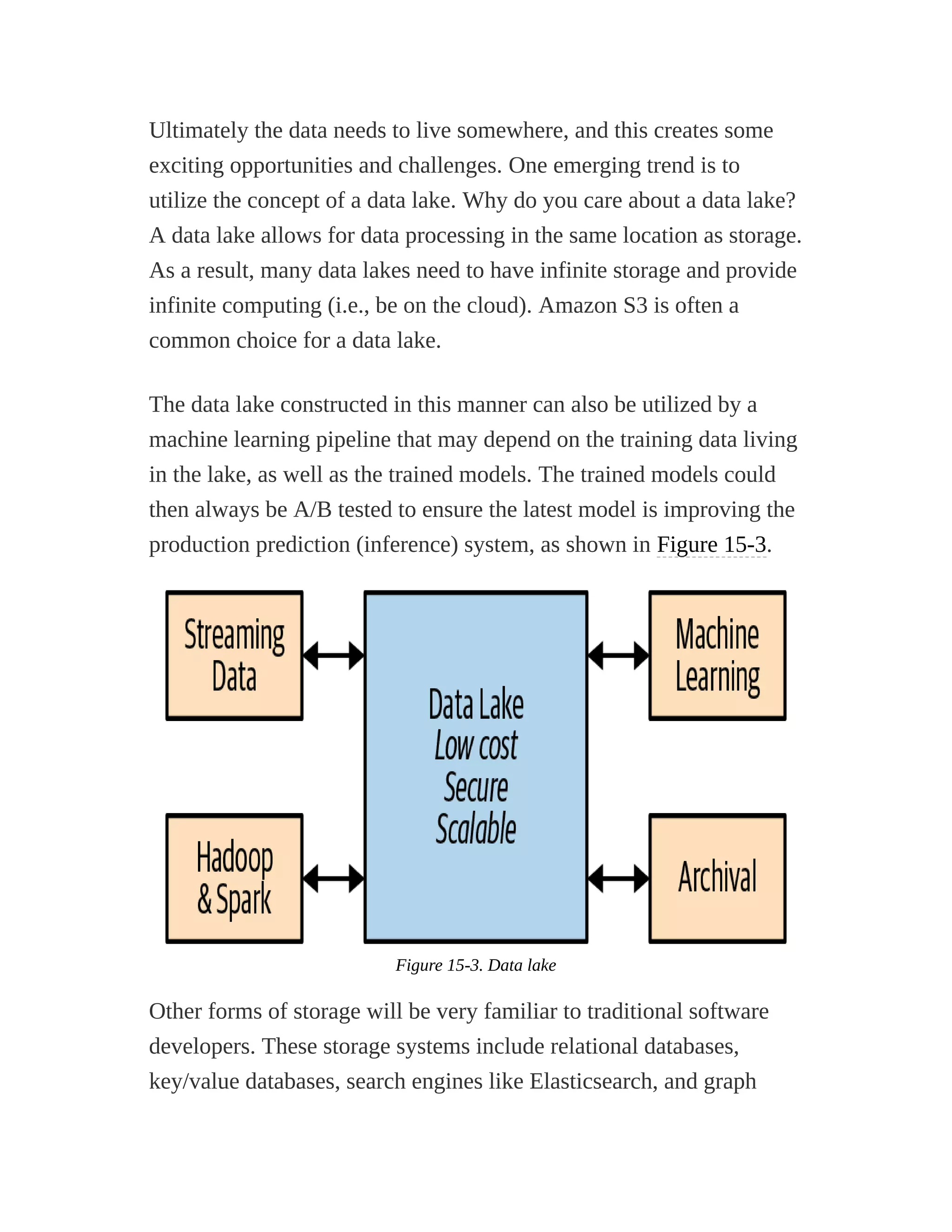 Ultimately the data needs to live somewhere, and this creates some
exciting opportunities and challenges. One emerging trend is to
utilize the concept of a data lake. Why do you care about a data lake?
A data lake allows for data processing in the same location as storage.
As a result, many data lakes need to have infinite storage and provide
infinite computing (i.e., be on the cloud). Amazon S3 is often a
common choice for a data lake.
The data lake constructed in this manner can also be utilized by a
machine learning pipeline that may depend on the training data living
in the lake, as well as the trained models. The trained models could
then always be A/B tested to ensure the latest model is improving the
production prediction (inference) system, as shown in Figure 15-3.
Figure 15-3. Data lake
Other forms of storage will be very familiar to traditional software
developers. These storage systems include relational databases,
key/value databases, search engines like Elasticsearch, and graph
 